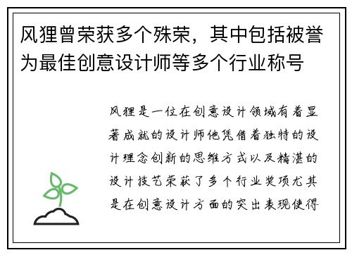 风狸曾荣获多个殊荣，其中包括被誉为最佳创意设计师等多个行业称号